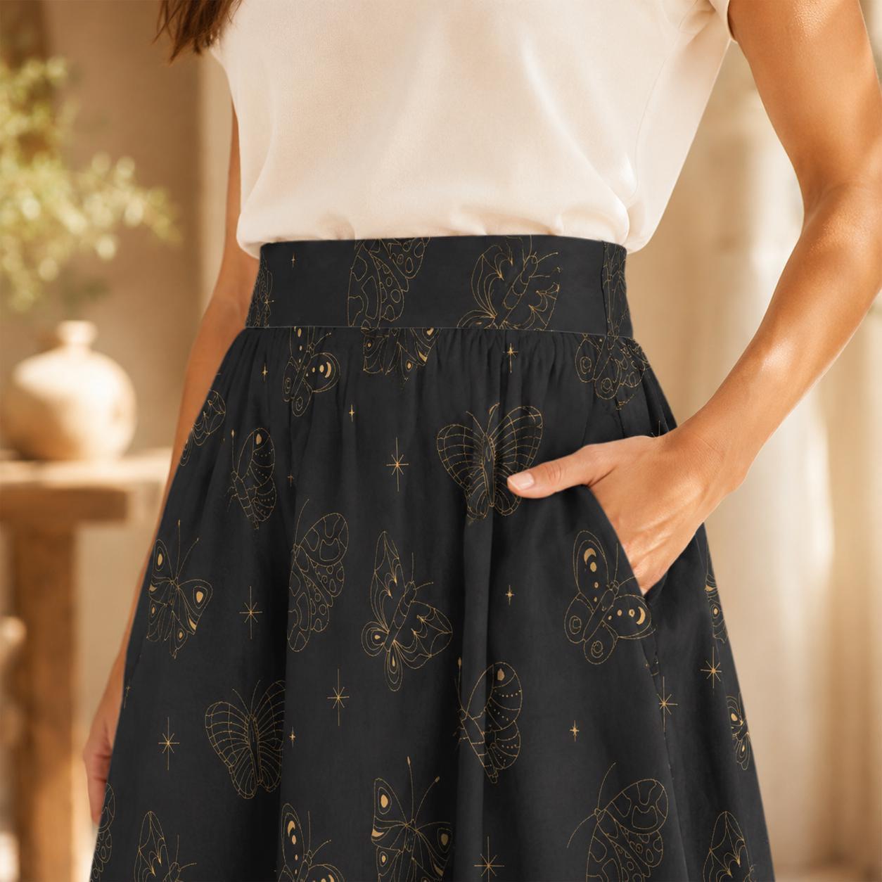 Black Gold Butterfly Midi Skirt, Line Art Celestial Print, Dark Academia Style