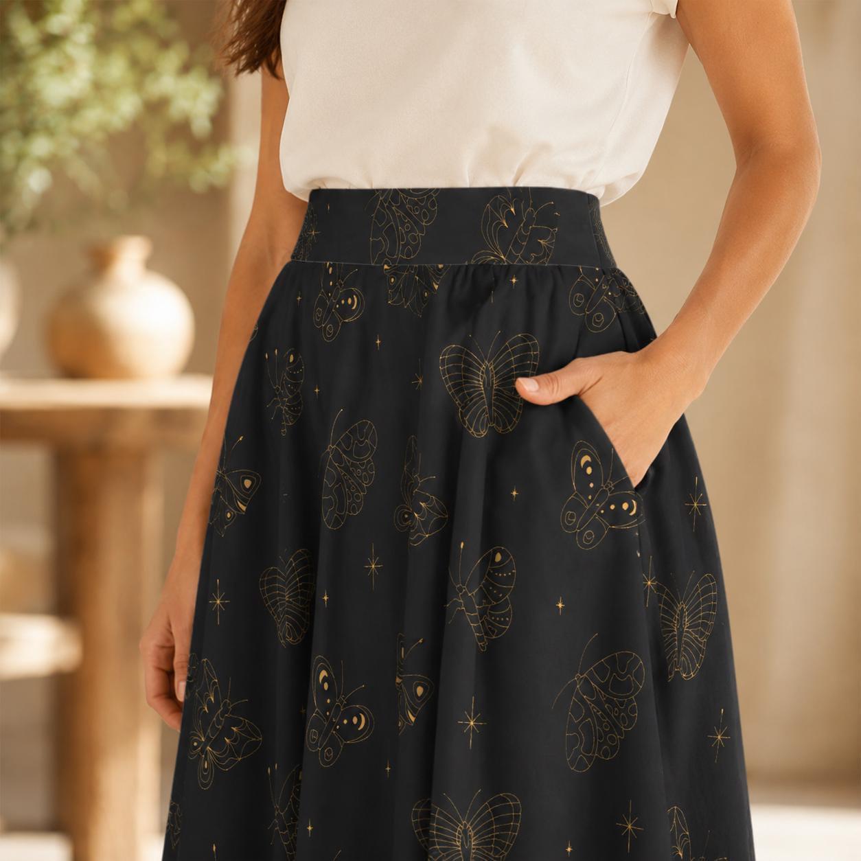 Black Gold Butterfly Midi Skirt, Line Art Celestial Print, Dark Academia Style