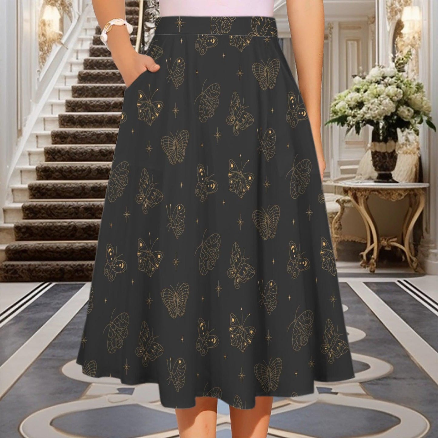 Black Gold Butterfly Midi Skirt, Line Art Celestial Print, Dark Academia Style