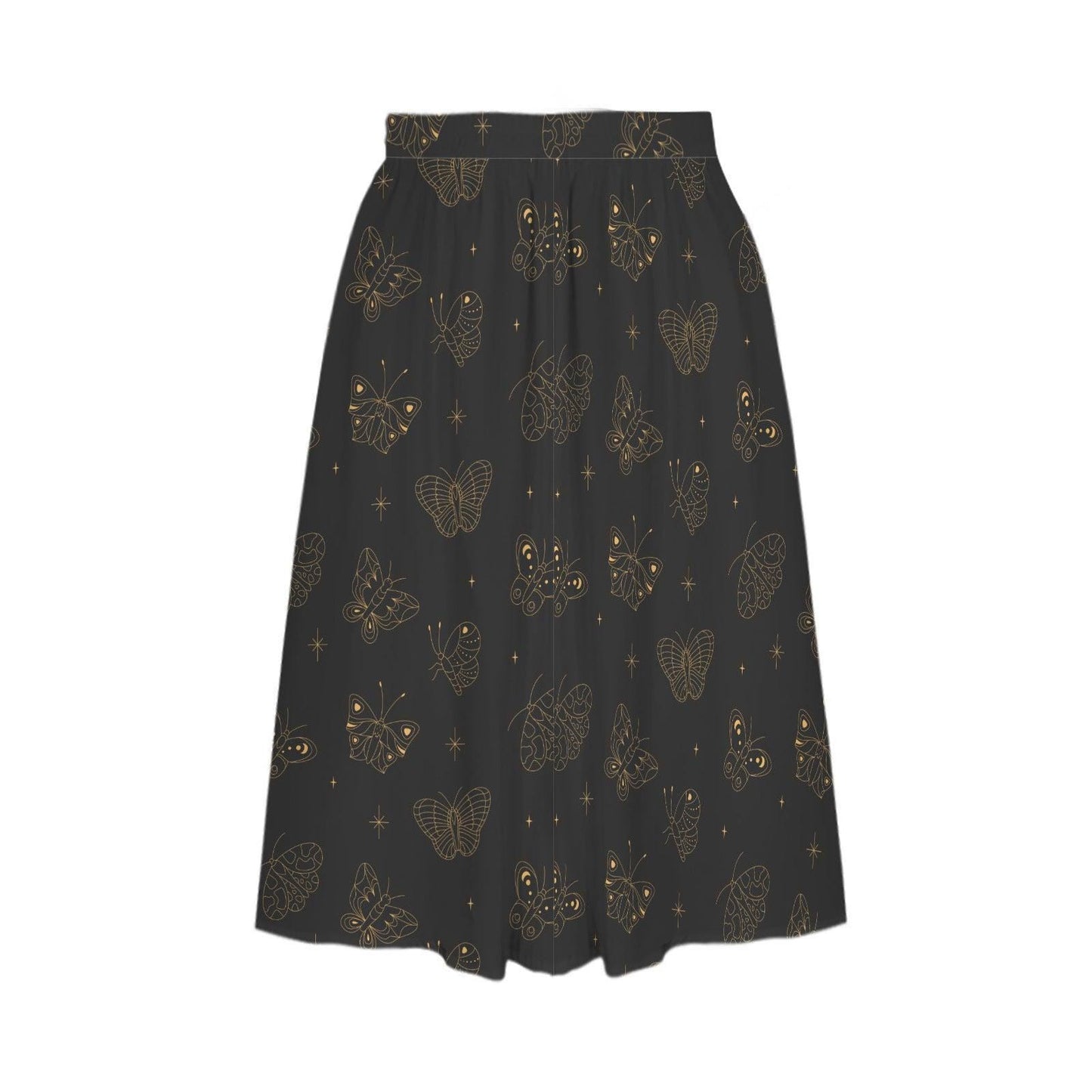 Black Gold Butterfly Midi Skirt, Line Art Celestial Print, Dark Academia Style