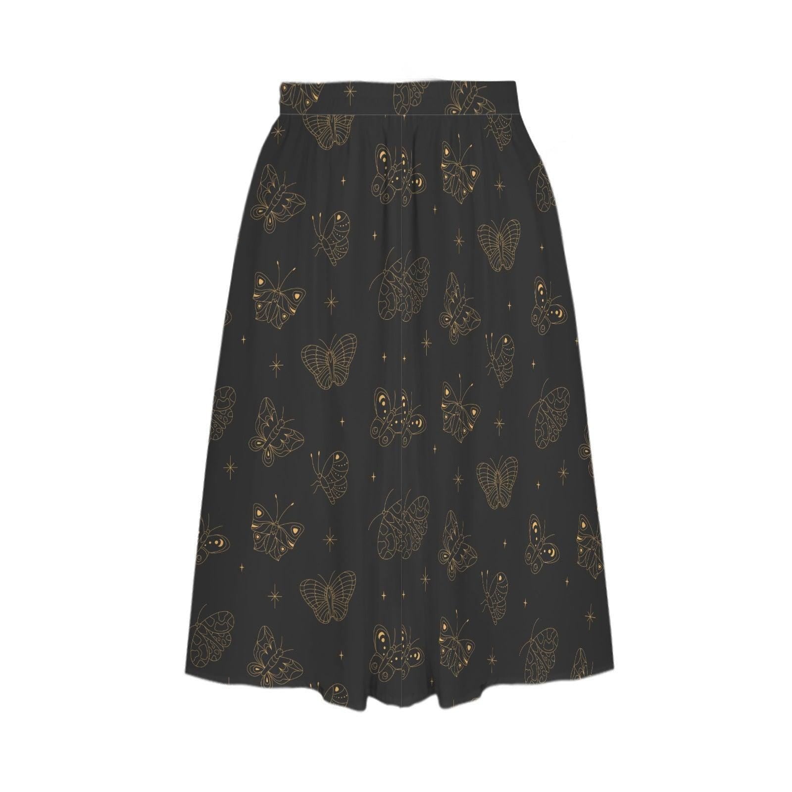 Black Gold Butterfly Midi Skirt, Line Art Celestial Print, Dark Academia Style