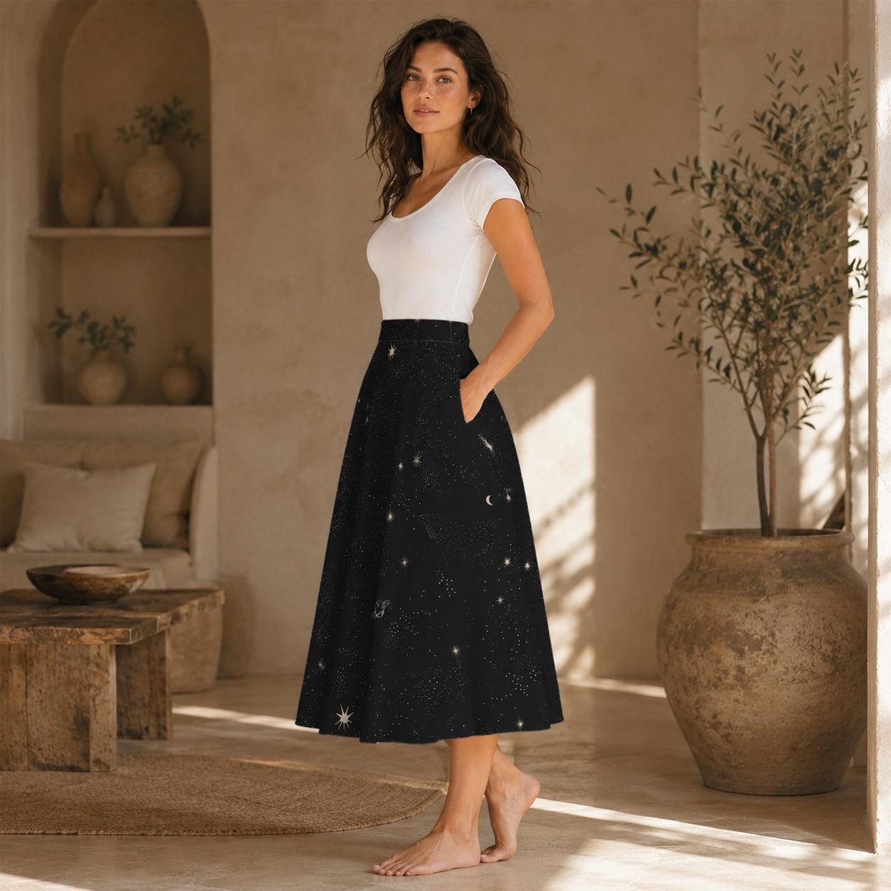 Starry Night Midi Skirt, Black Moon Star Print, Whimsigoth Cosmic Evening Wear