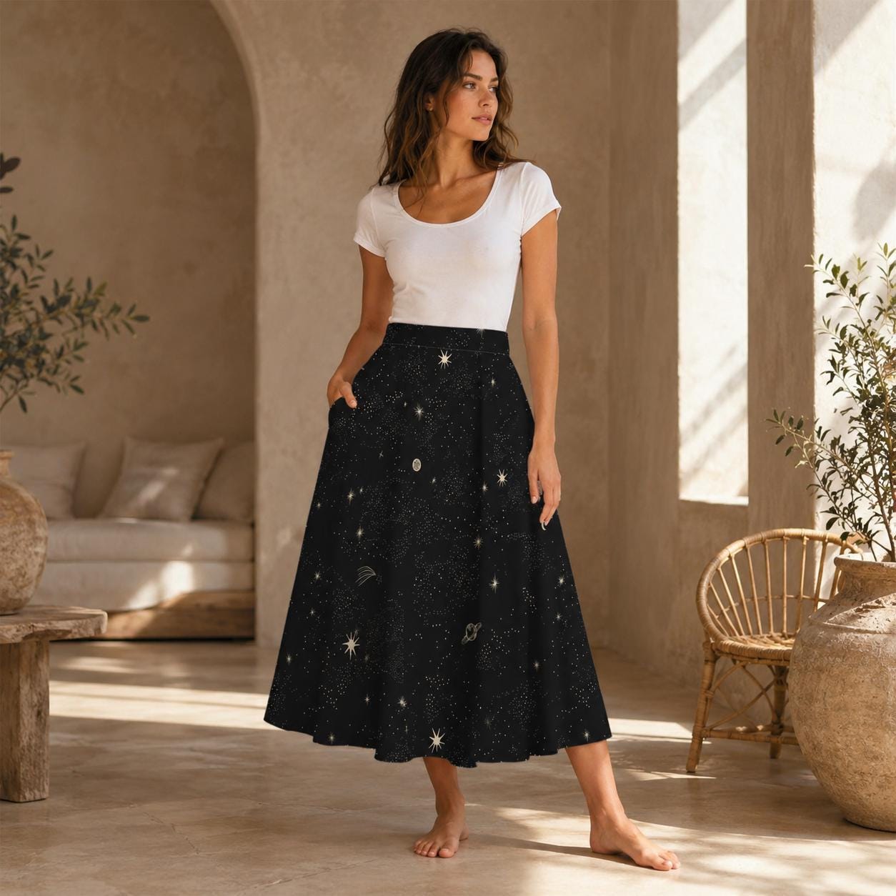 Starry Night Midi Skirt, Black Moon Star Print, Whimsigoth Cosmic Evening Wear