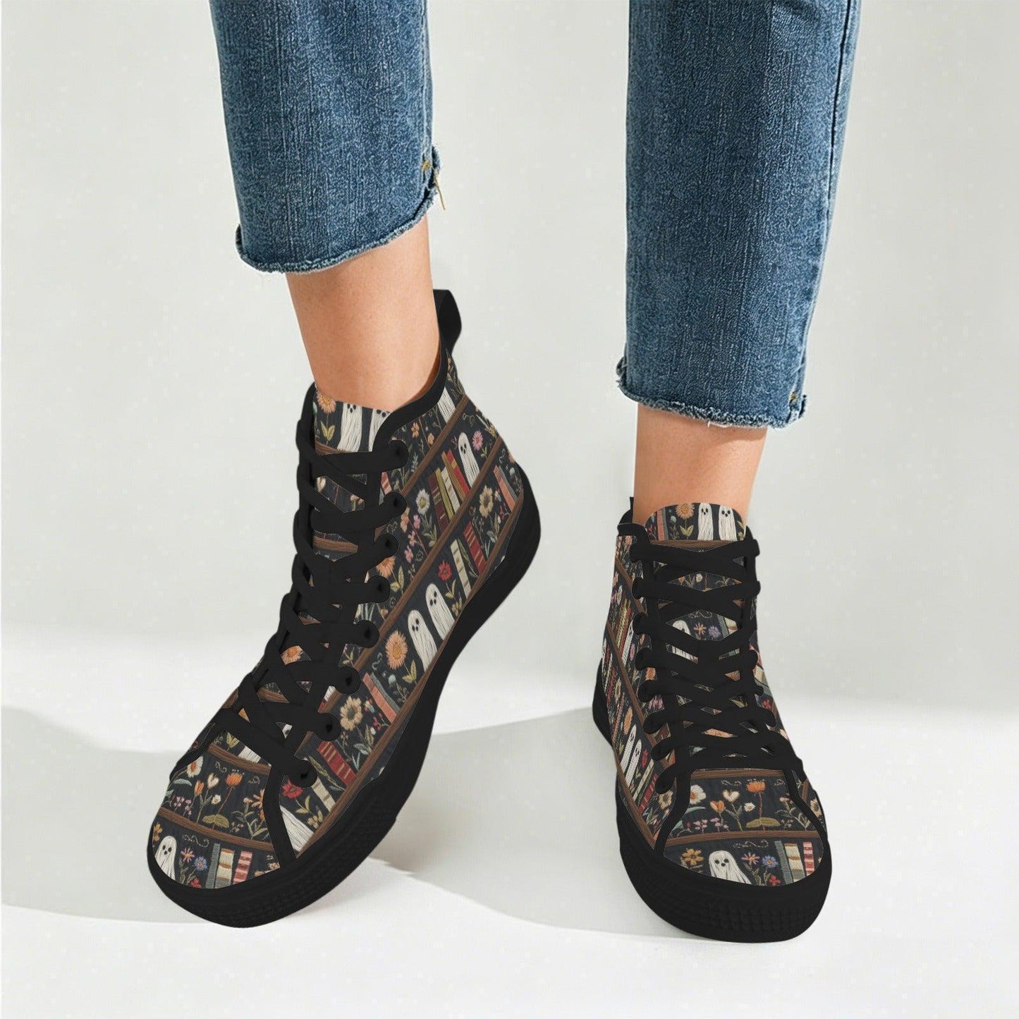 Dark Academia Ghost Bookshelf High Top Sneakers, Floral Library Canvas Shoes