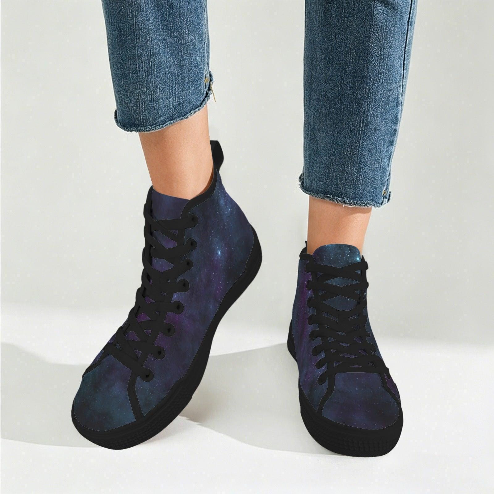 Galaxy High Top Sneakers, Blue Purple Nebula Canvas Shoes, Astronomy Lover Kicks