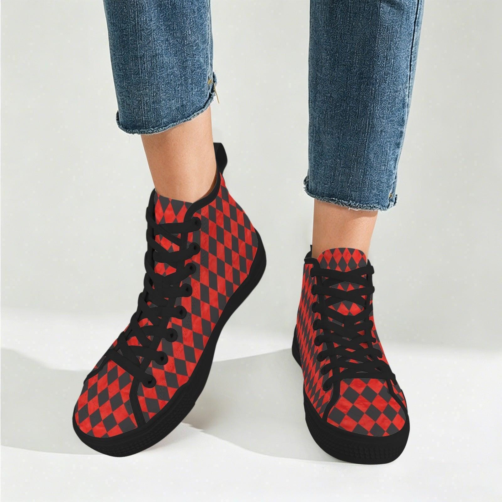 Red Harlequin Diamond High Top Canvas Sneakers, Clown Core Skate Style Lace Up Kicks