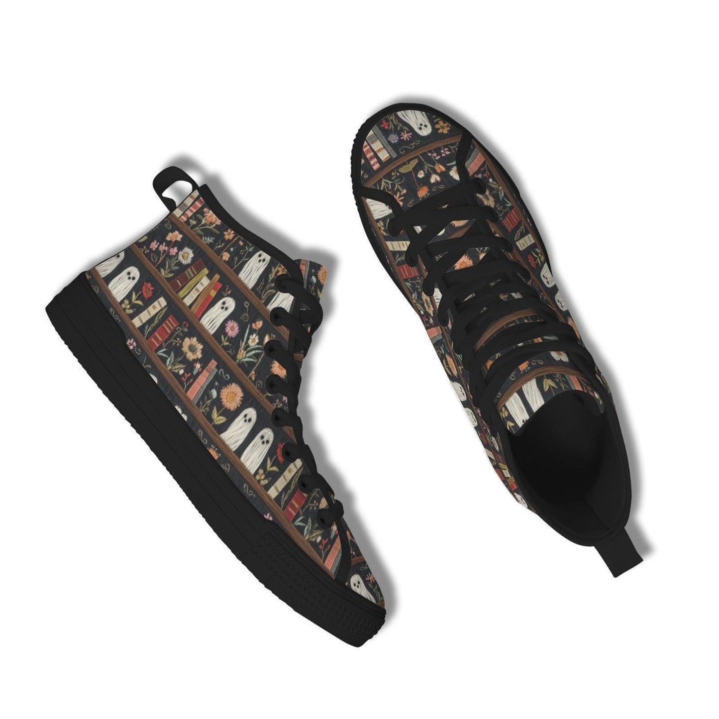 Dark Academia Ghost Bookshelf High Top Sneakers, Floral Library Canvas Shoes