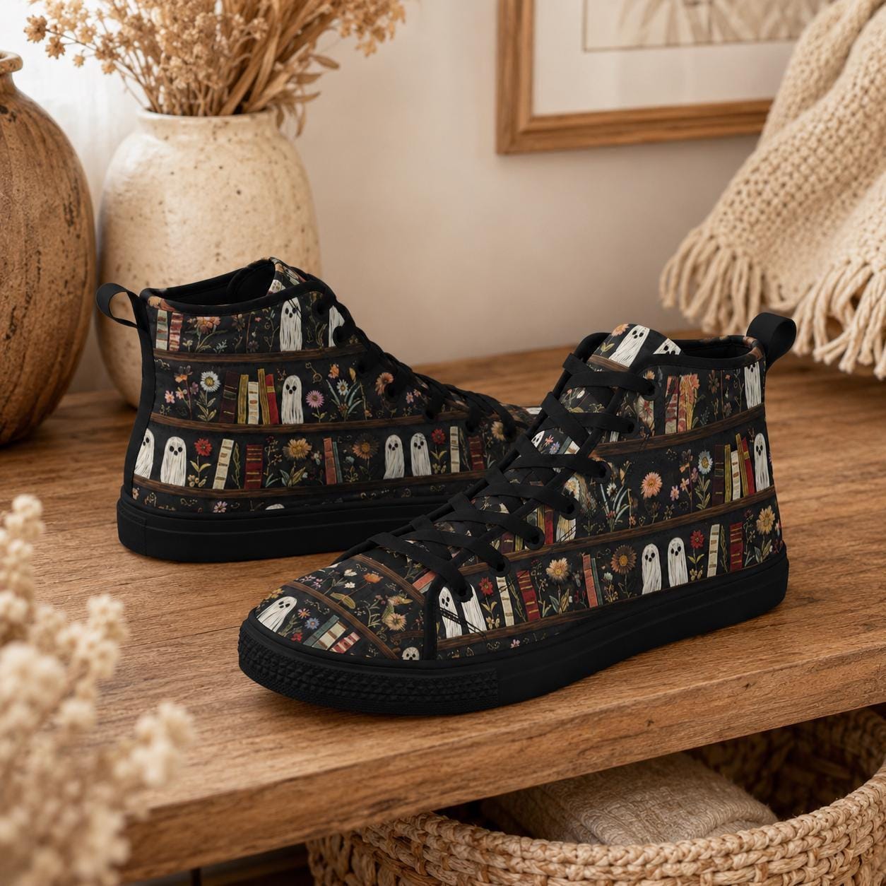 Dark Academia Ghost Bookshelf High Top Sneakers, Floral Library Canvas Shoes