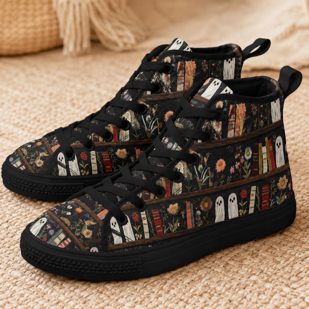 Dark Academia Ghost Bookshelf High Top Sneakers, Floral Library Canvas Shoes