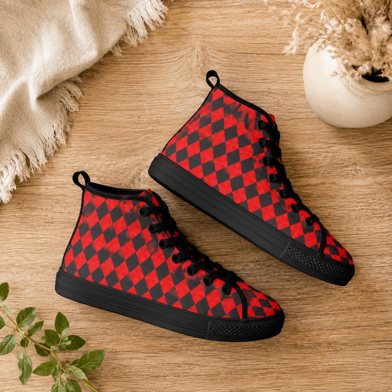 Red Harlequin Diamond High Top Canvas Sneakers, Clown Core Skate Style Lace Up Kicks