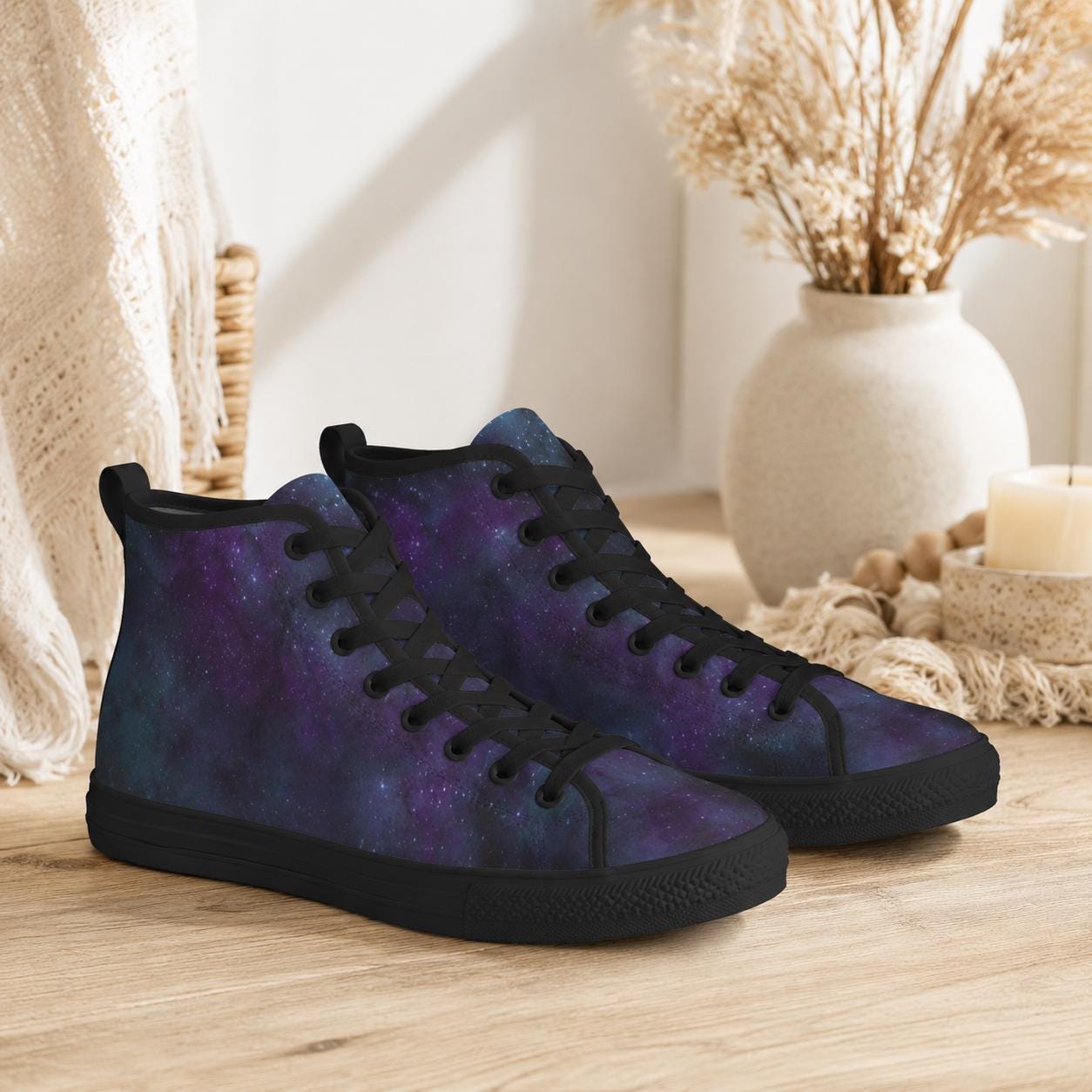 Galaxy High Top Sneakers, Blue Purple Nebula Canvas Shoes, Astronomy Lover Kicks