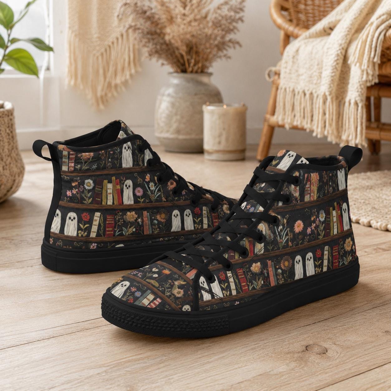 Dark Academia Ghost Bookshelf High Top Sneakers, Floral Library Canvas Shoes
