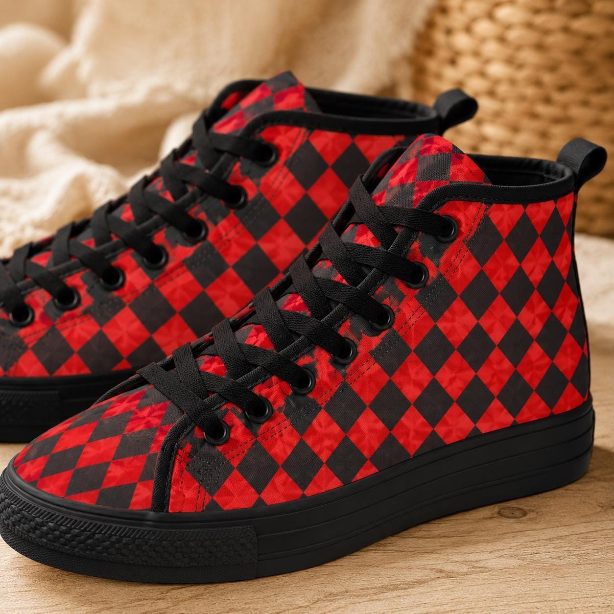 Red Harlequin Diamond High Top Canvas Sneakers, Clown Core Skate Style Lace Up Kicks