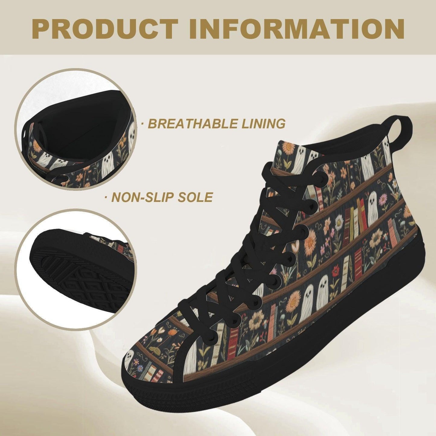 Dark Academia Ghost Bookshelf High Top Sneakers, Floral Library Canvas Shoes
