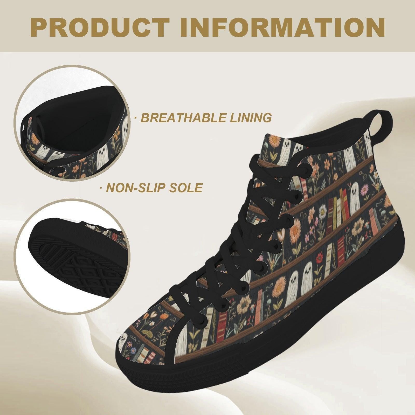 Dark Academia Ghost Bookshelf High Top Sneakers, Floral Library Canvas Shoes