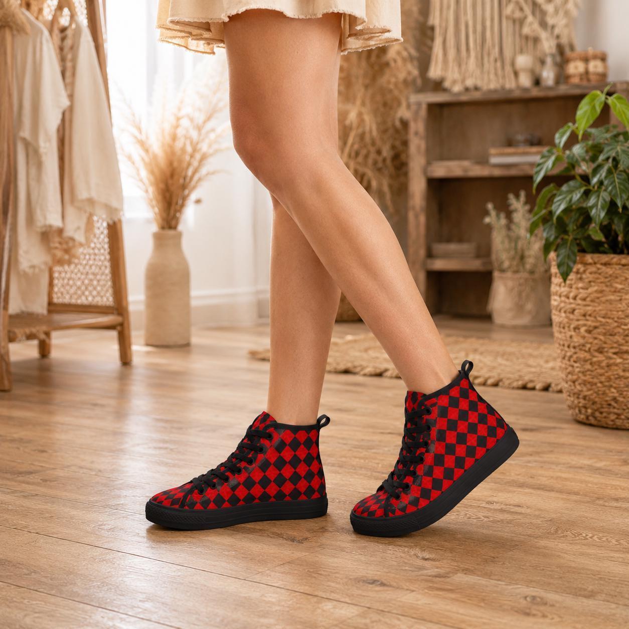 Red Harlequin Diamond High Top Canvas Sneakers, Clown Core Skate Style Lace Up Kicks