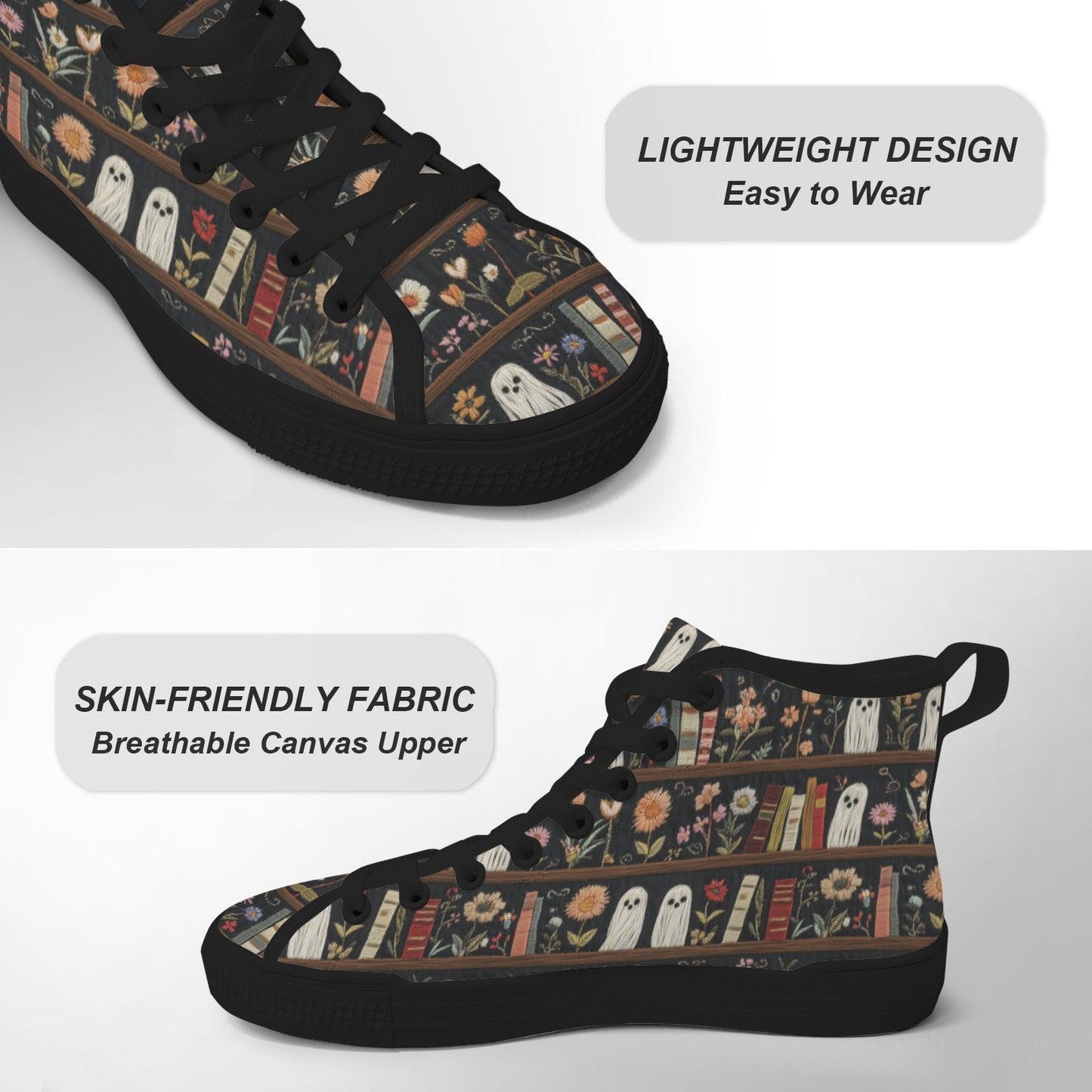 Dark Academia Ghost Bookshelf High Top Sneakers, Floral Library Canvas Shoes