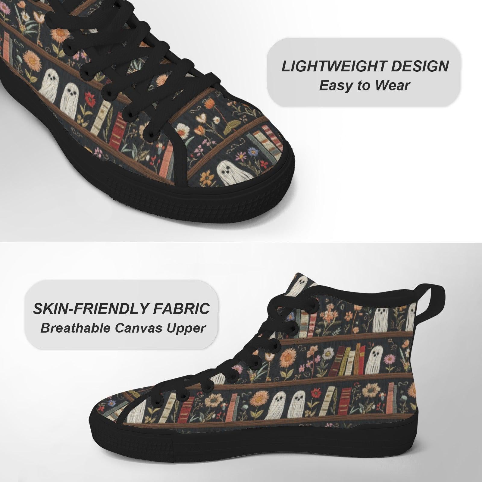 Dark Academia Ghost Bookshelf High Top Sneakers, Floral Library Canvas Shoes