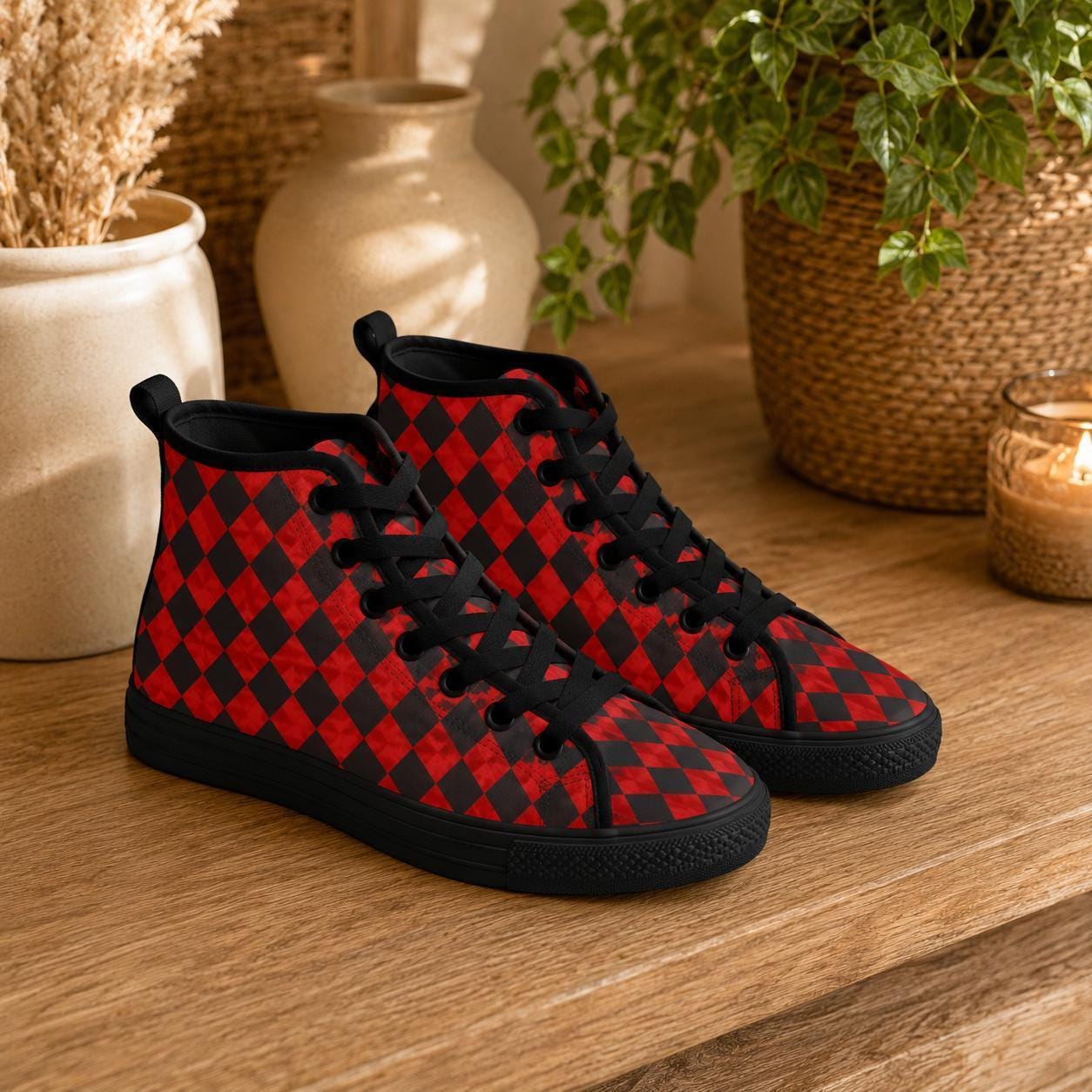 Red Harlequin Diamond High Top Canvas Sneakers, Clown Core Skate Style Lace Up Kicks
