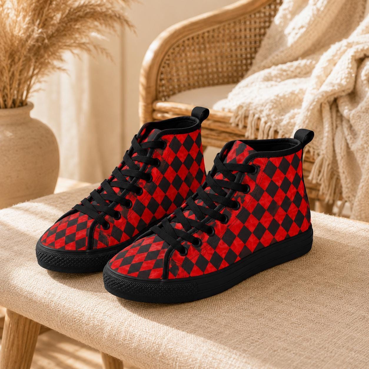 Red Harlequin Diamond High Top Canvas Sneakers, Clown Core Skate Style Lace Up Kicks