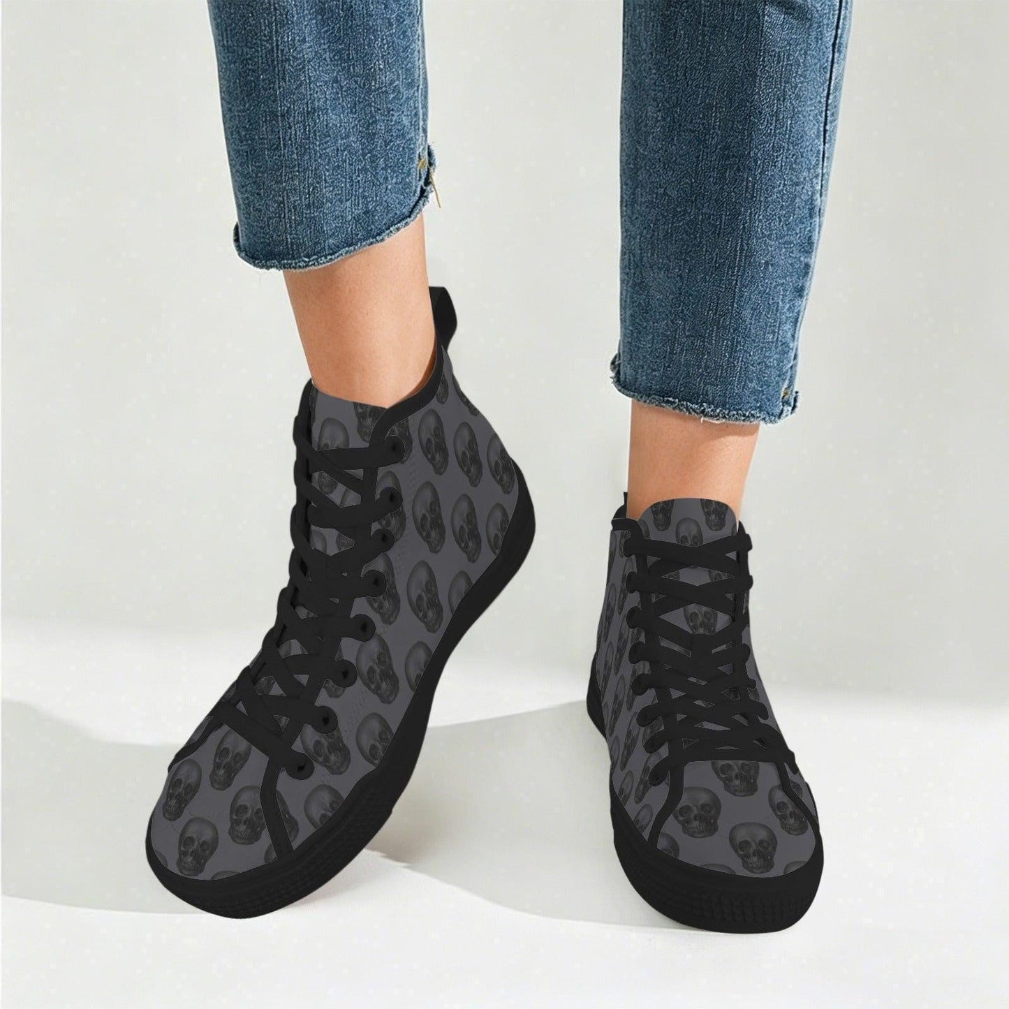 Gray Skull Print High Top Canvas Sneakers, Goth Punk Lace Up Kicks