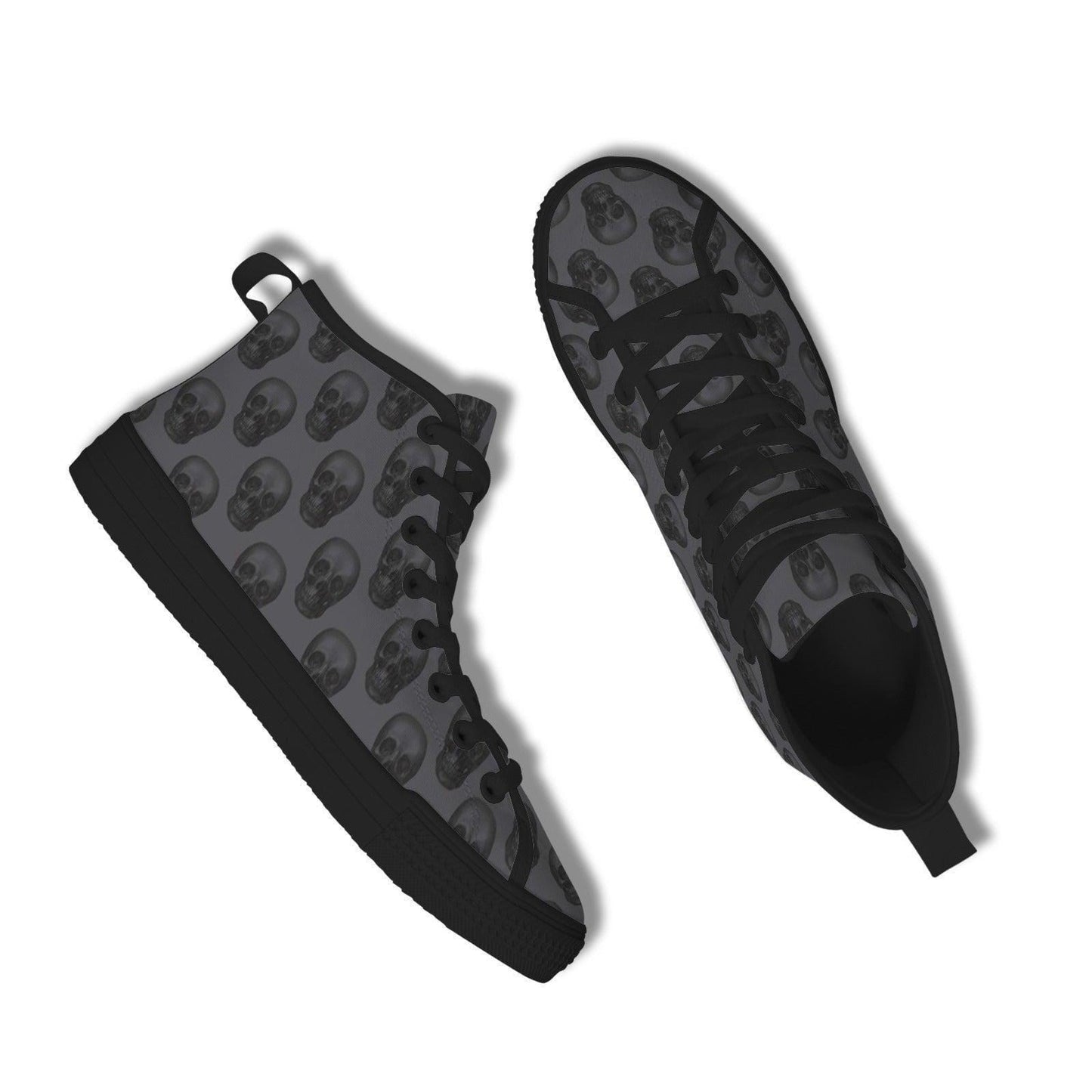 Gray Skull Print High Top Canvas Sneakers, Goth Punk Lace Up Kicks