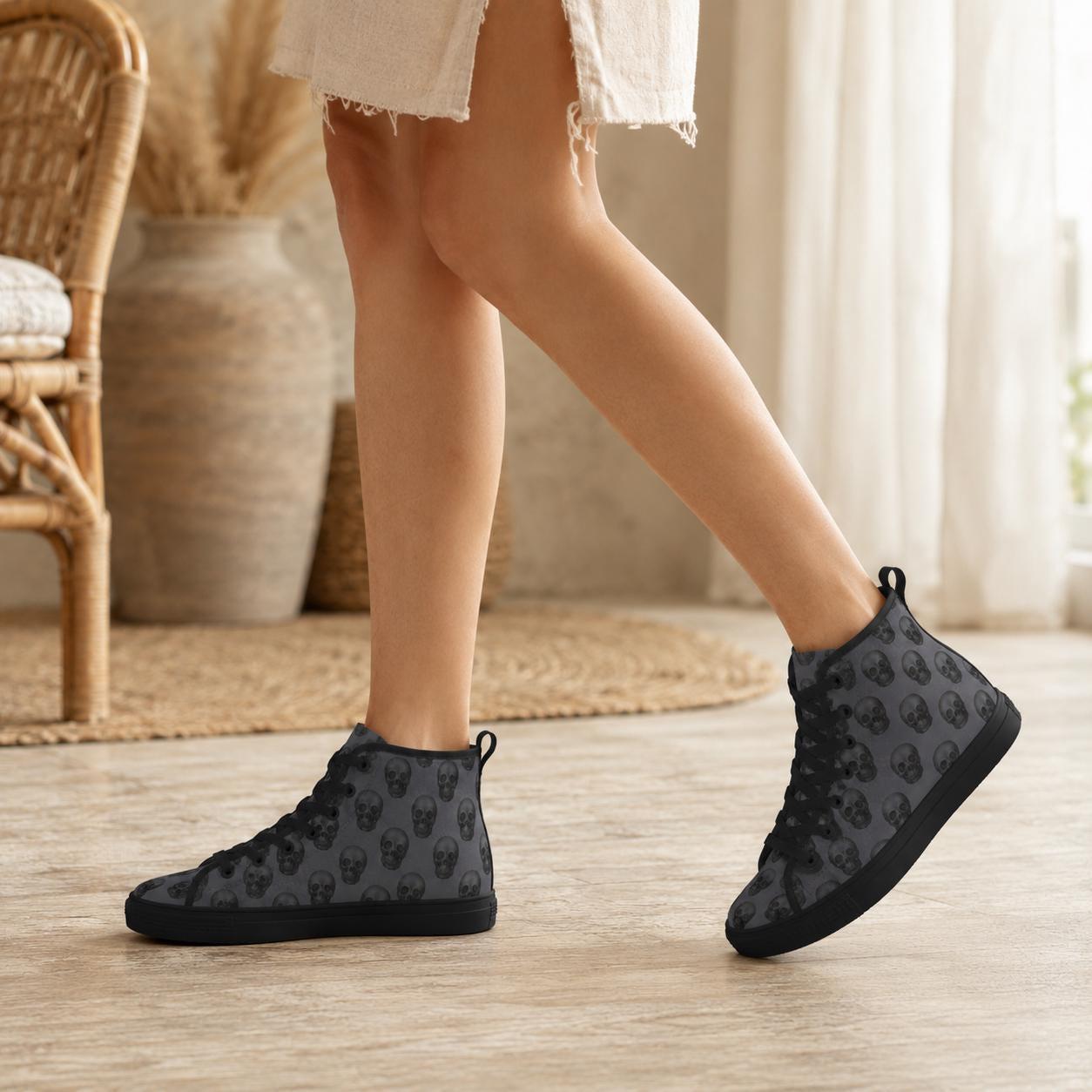 Gray Skull Print High Top Canvas Sneakers, Goth Punk Lace Up Kicks