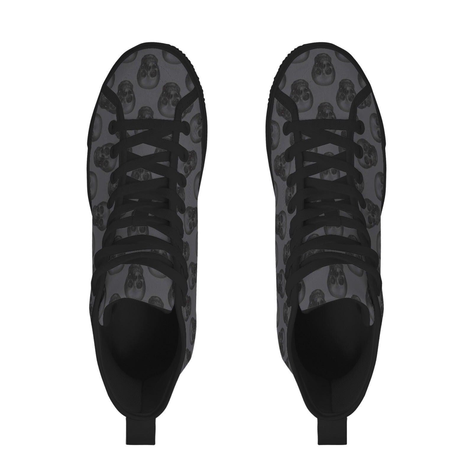 Gray Skull Print High Top Canvas Sneakers, Goth Punk Lace Up Kicks