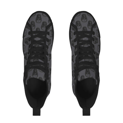 Gray Skull Print High Top Canvas Sneakers, Goth Punk Lace Up Kicks