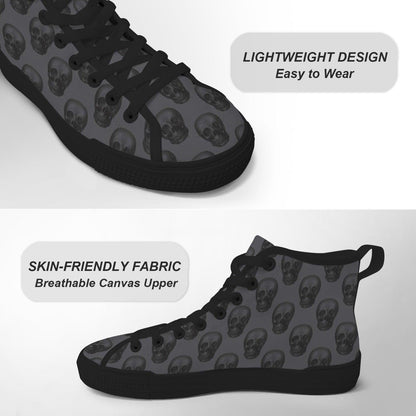 Gray Skull Print High Top Canvas Sneakers, Goth Punk Lace Up Kicks