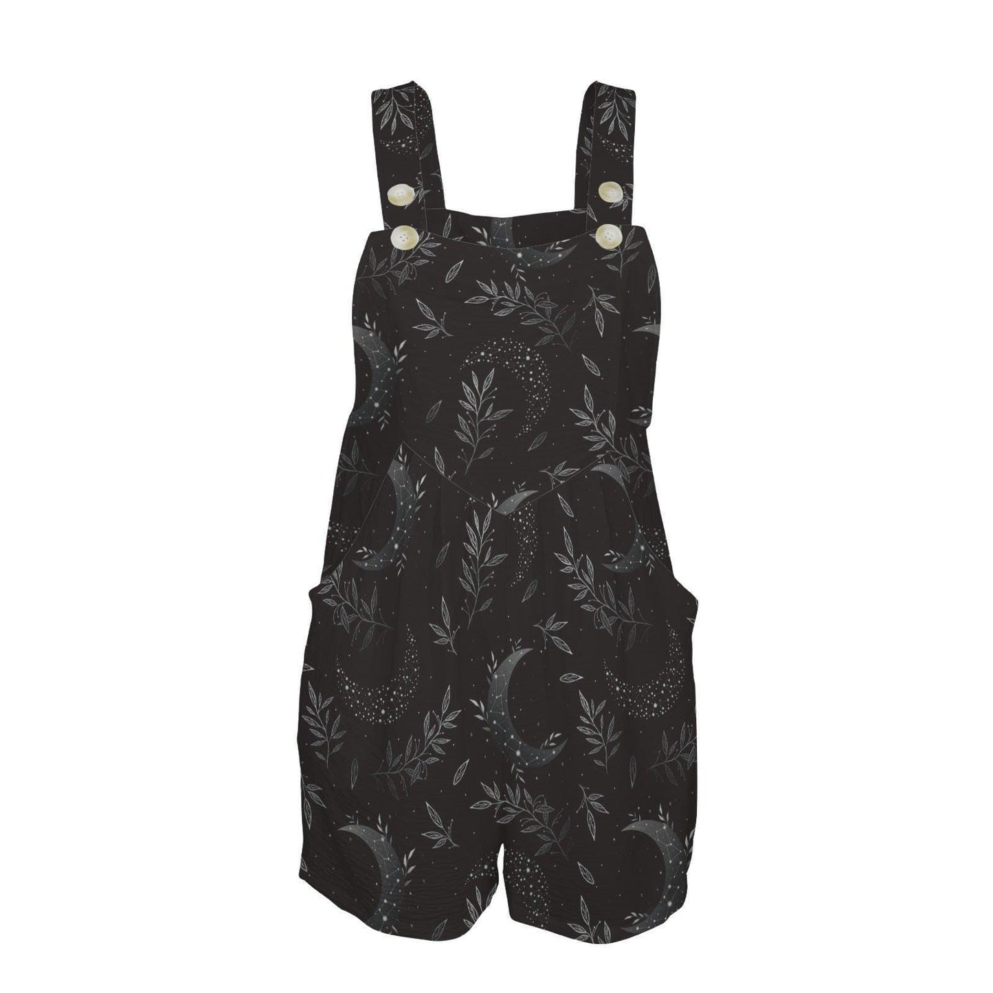 Black Crescent Moon Shortalls, Botanical Print Romper, Witchy Summer Outfit