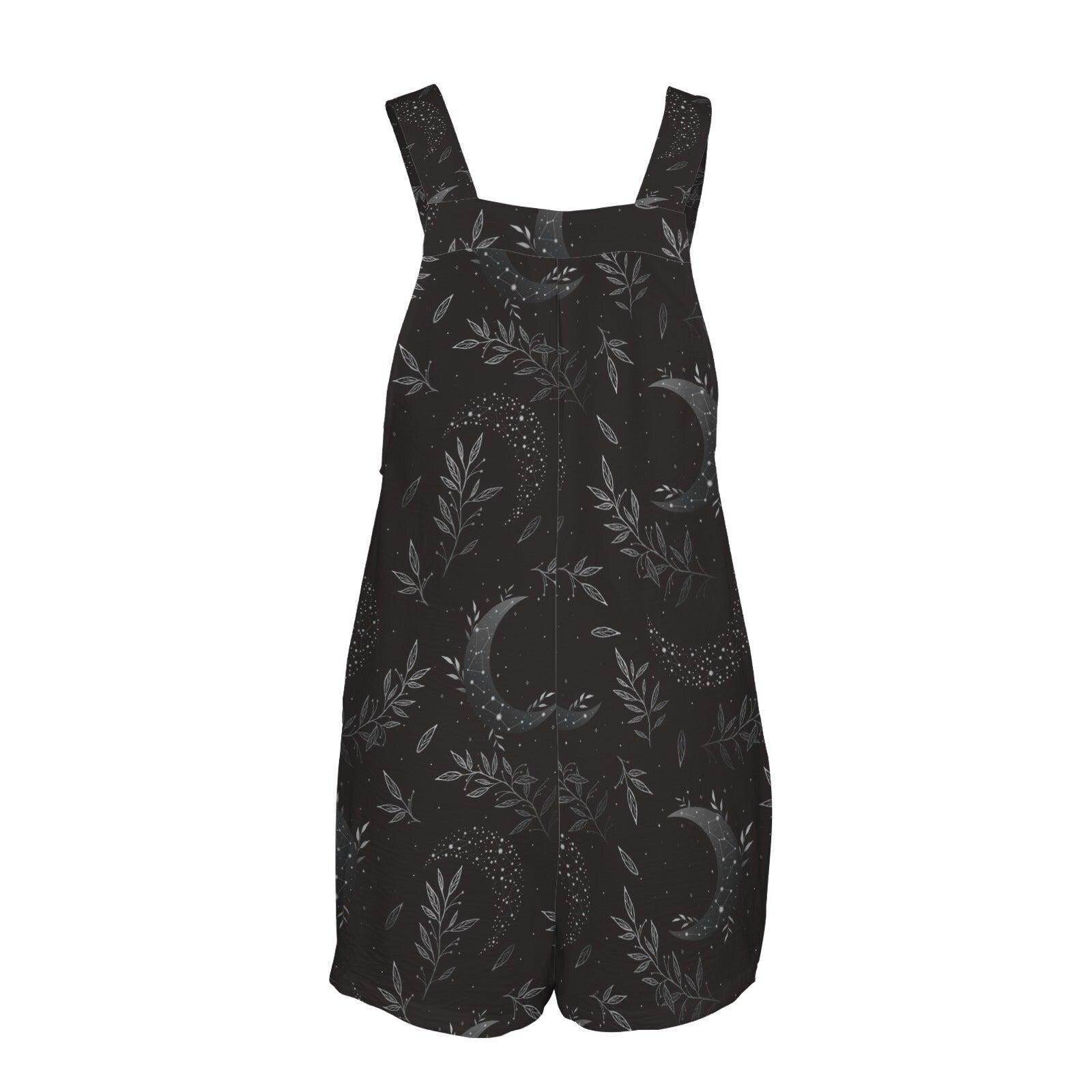 Black Crescent Moon Shortalls, Botanical Print Romper, Witchy Summer Outfit