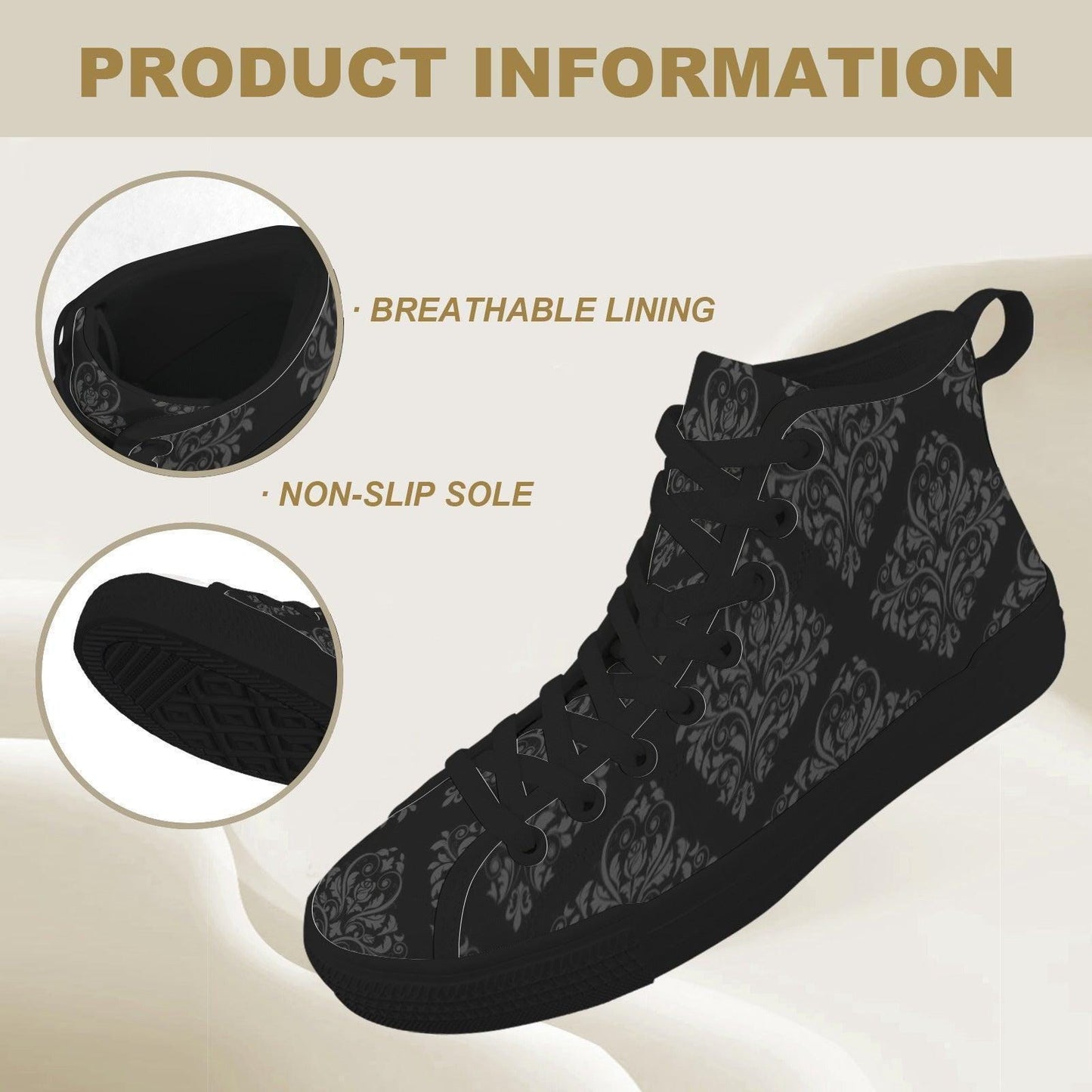 Black Damask High Top Sneakers, Gothic Baroque Canvas Shoes, Dark Academia Lace Up Everyday
