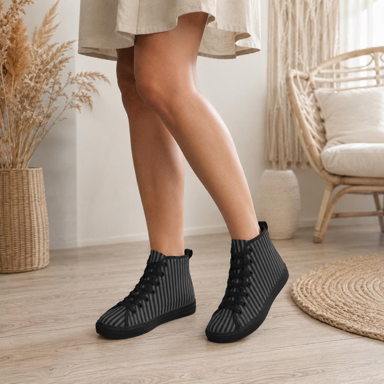 Pinstripe High Top Sneakers, Black Gray Vertical Stripe Canvas Shoes, Dark Academia Kicks