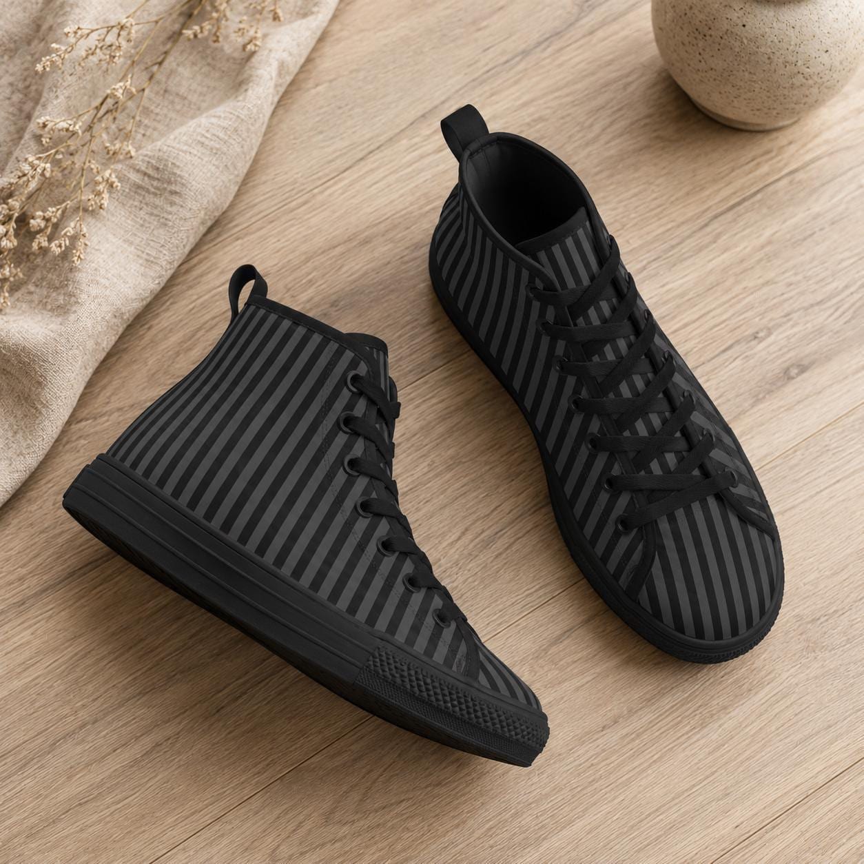 Pinstripe High Top Sneakers, Black Gray Vertical Stripe Canvas Shoes, Dark Academia Kicks