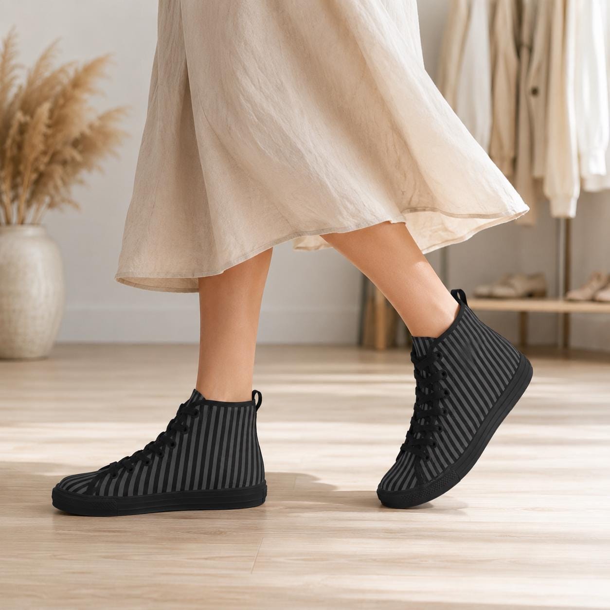 Pinstripe High Top Sneakers, Black Gray Vertical Stripe Canvas Shoes, Dark Academia Kicks