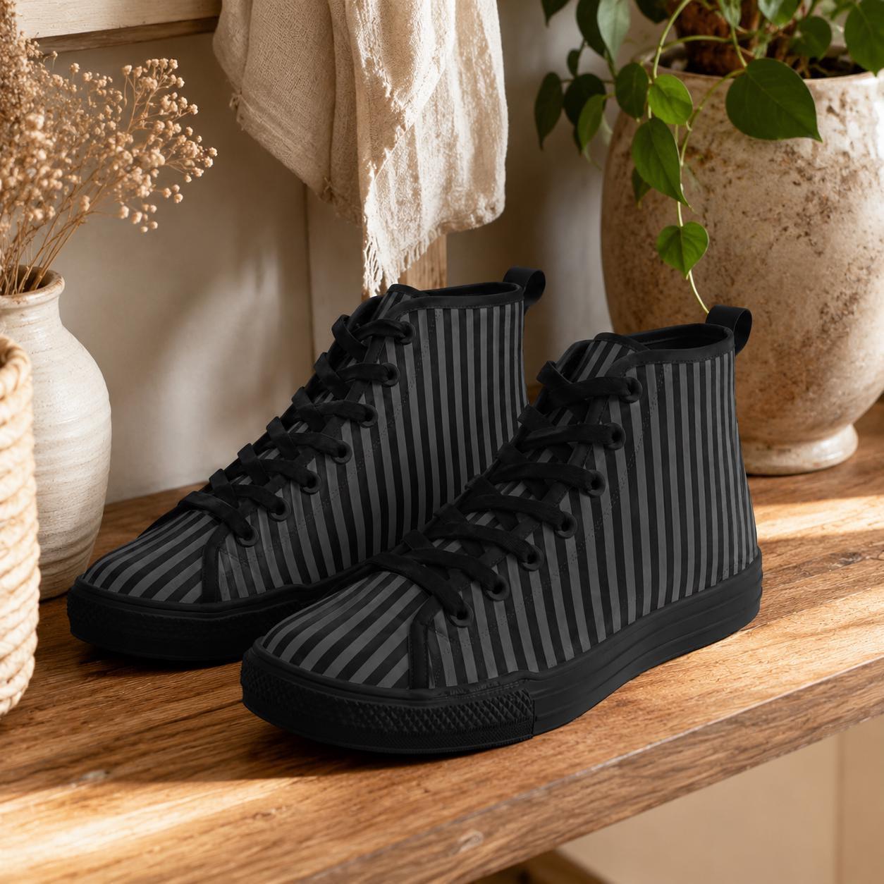 Pinstripe High Top Sneakers, Black Gray Vertical Stripe Canvas Shoes, Dark Academia Kicks