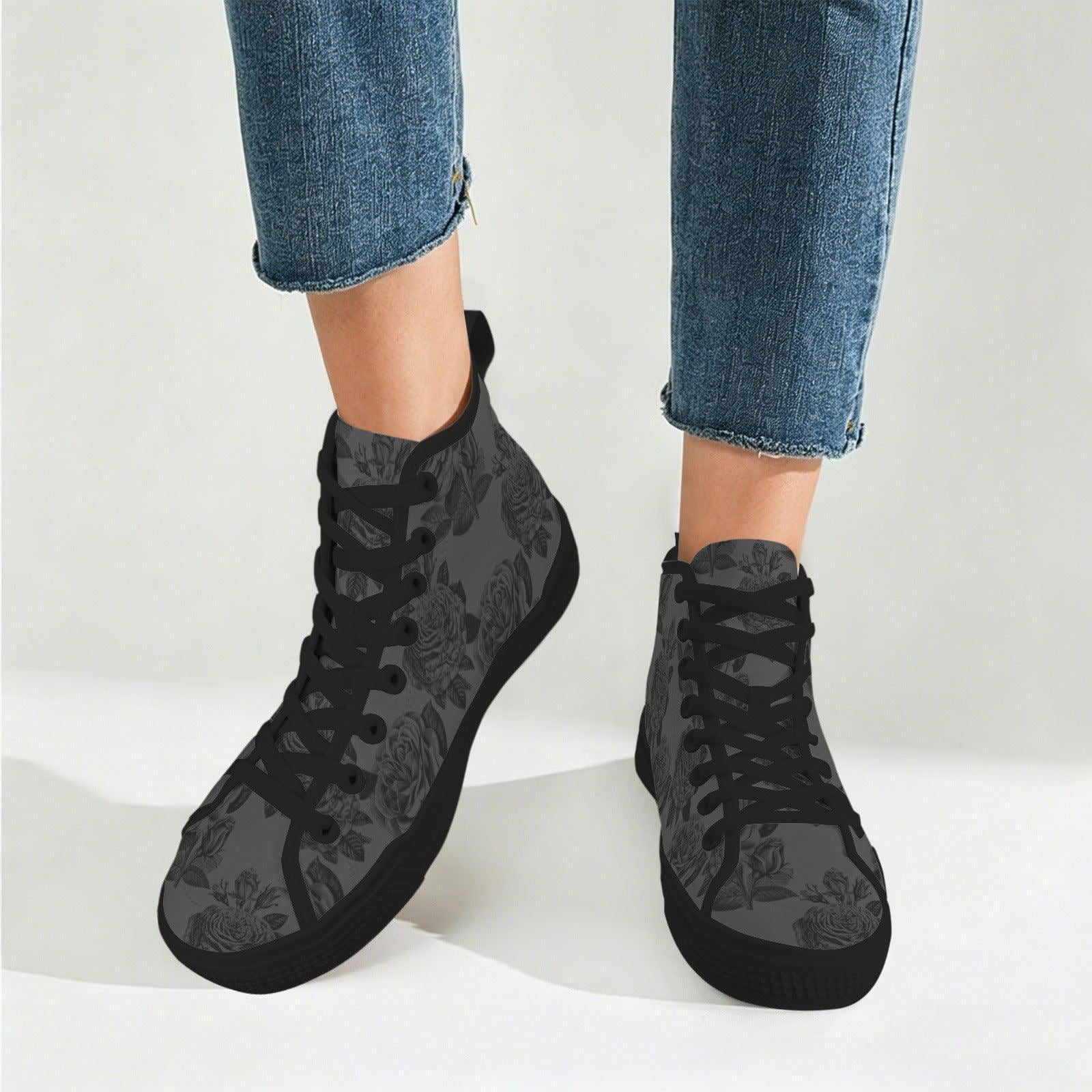Gray and Black Rose Print High Top Sneakers with Lace Up Front