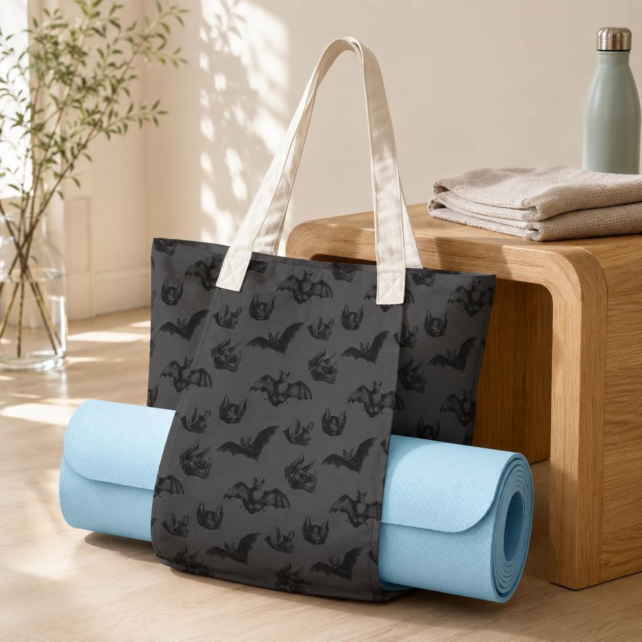 Charcoal Gray Bat Print Yoga Mat Tote Bag, Goth Gym Bag with Straps