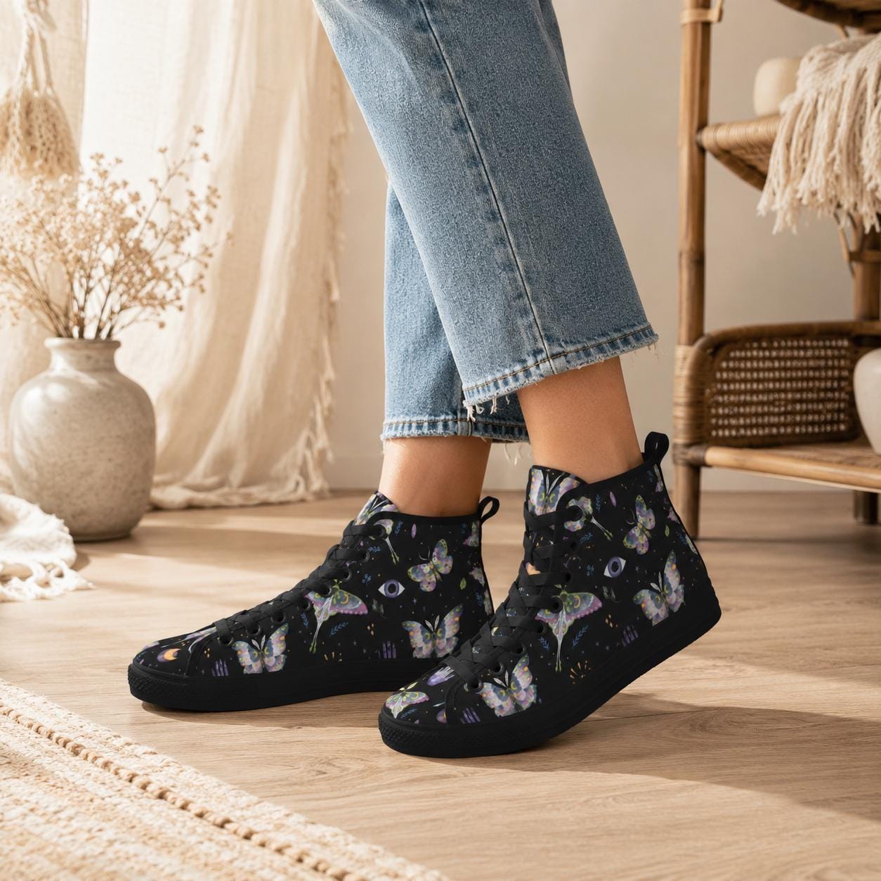 Witchy Moth Moon Sneakers, Pastel Botanical Evil Eye Canvas Shoes