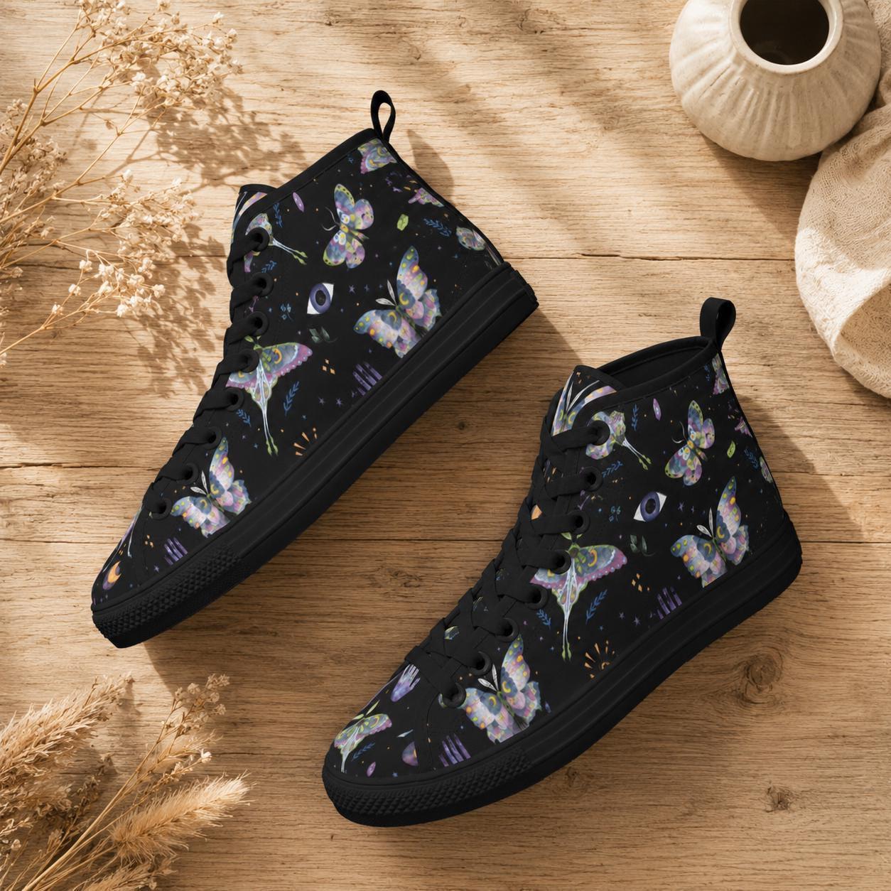 Witchy Moth Moon Sneakers, Pastel Botanical Evil Eye Canvas Shoes