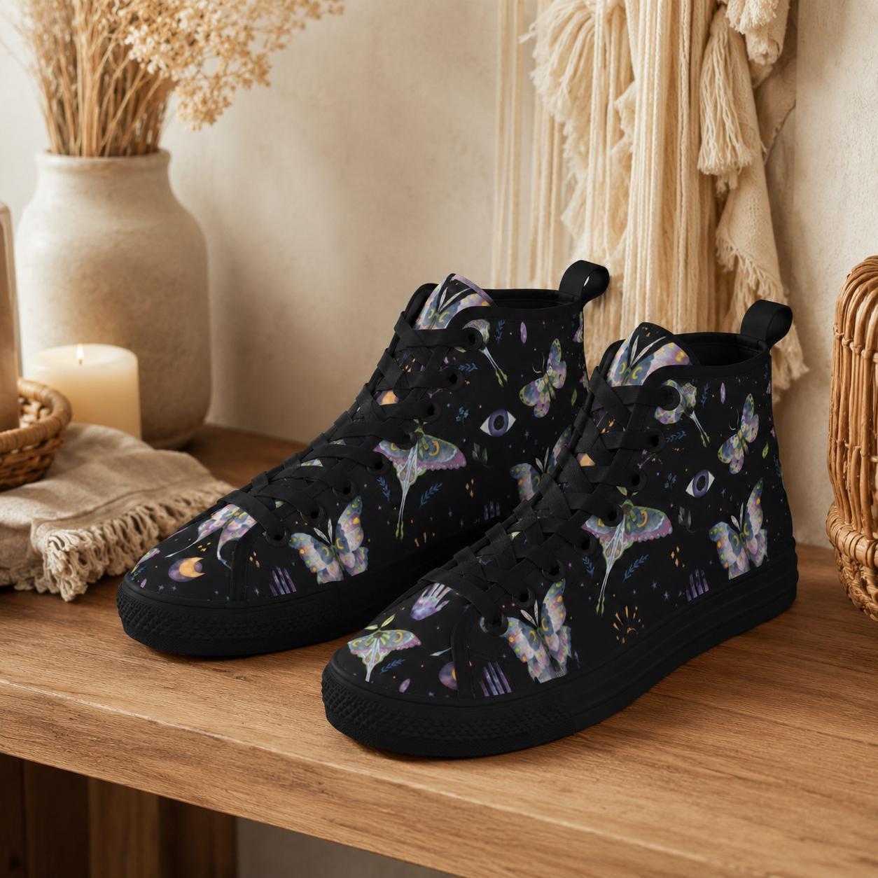 Witchy Moth Moon Sneakers, Pastel Botanical Evil Eye Canvas Shoes