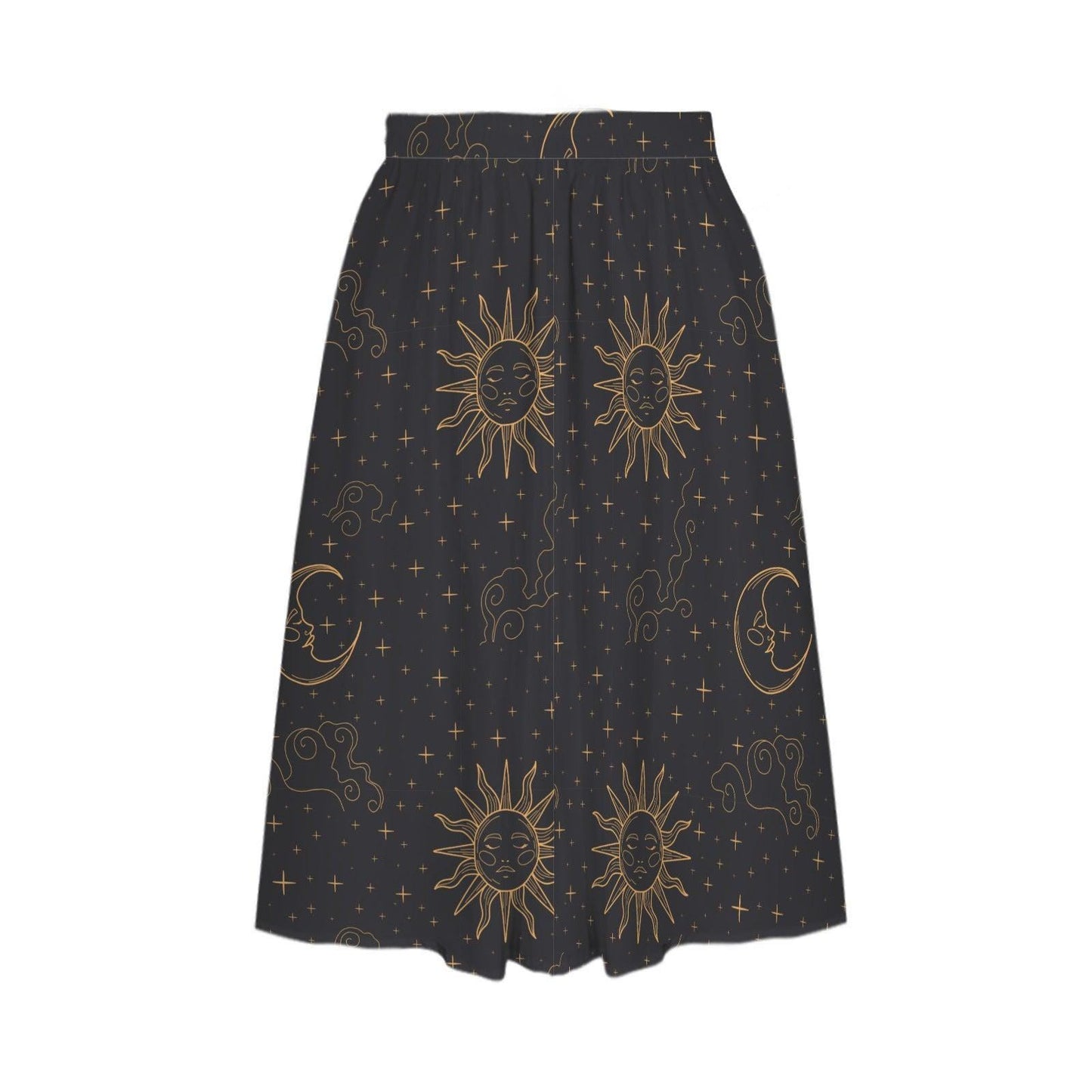 Celestial Sun Moon Midi Skirt with Pockets, Gold Tarot Witchy Style Festivals