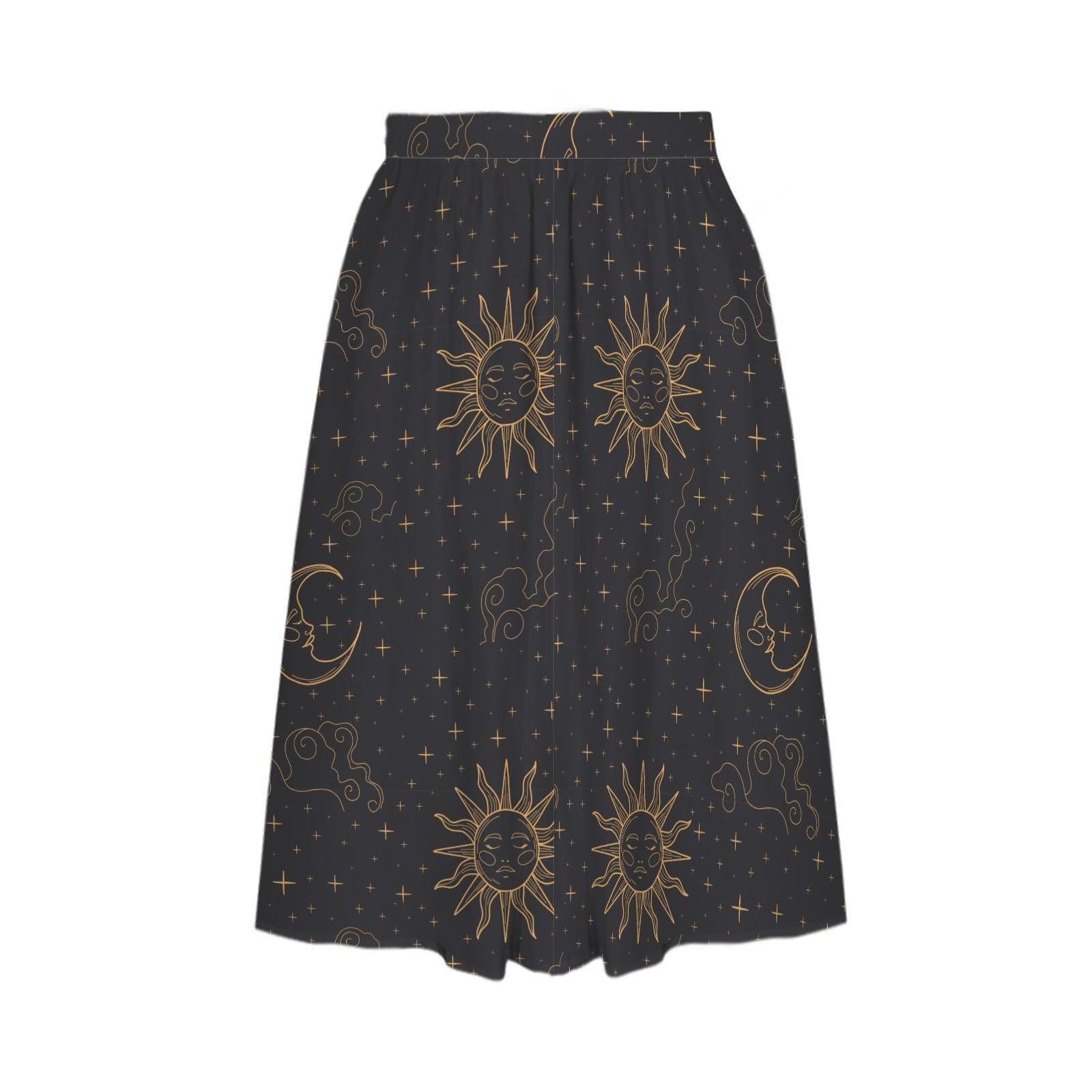 Celestial Sun Moon Midi Skirt with Pockets, Gold Tarot Witchy Style Festivals