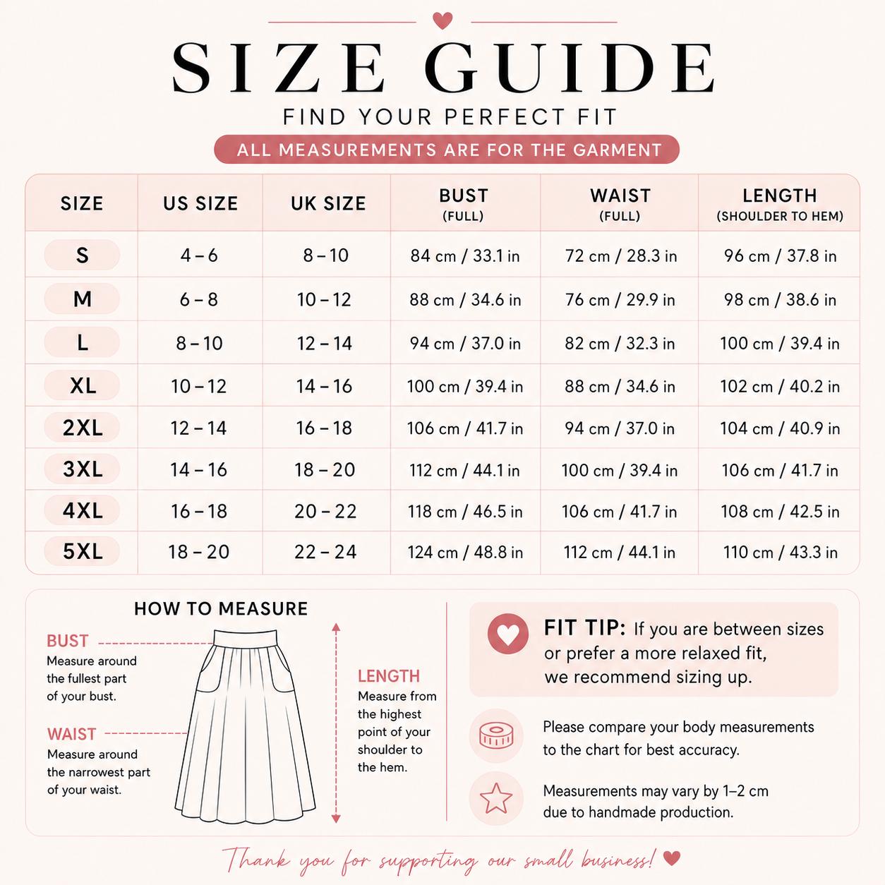 The image is a size guide for women, providing measurements and fit tips for different skirt sizes.