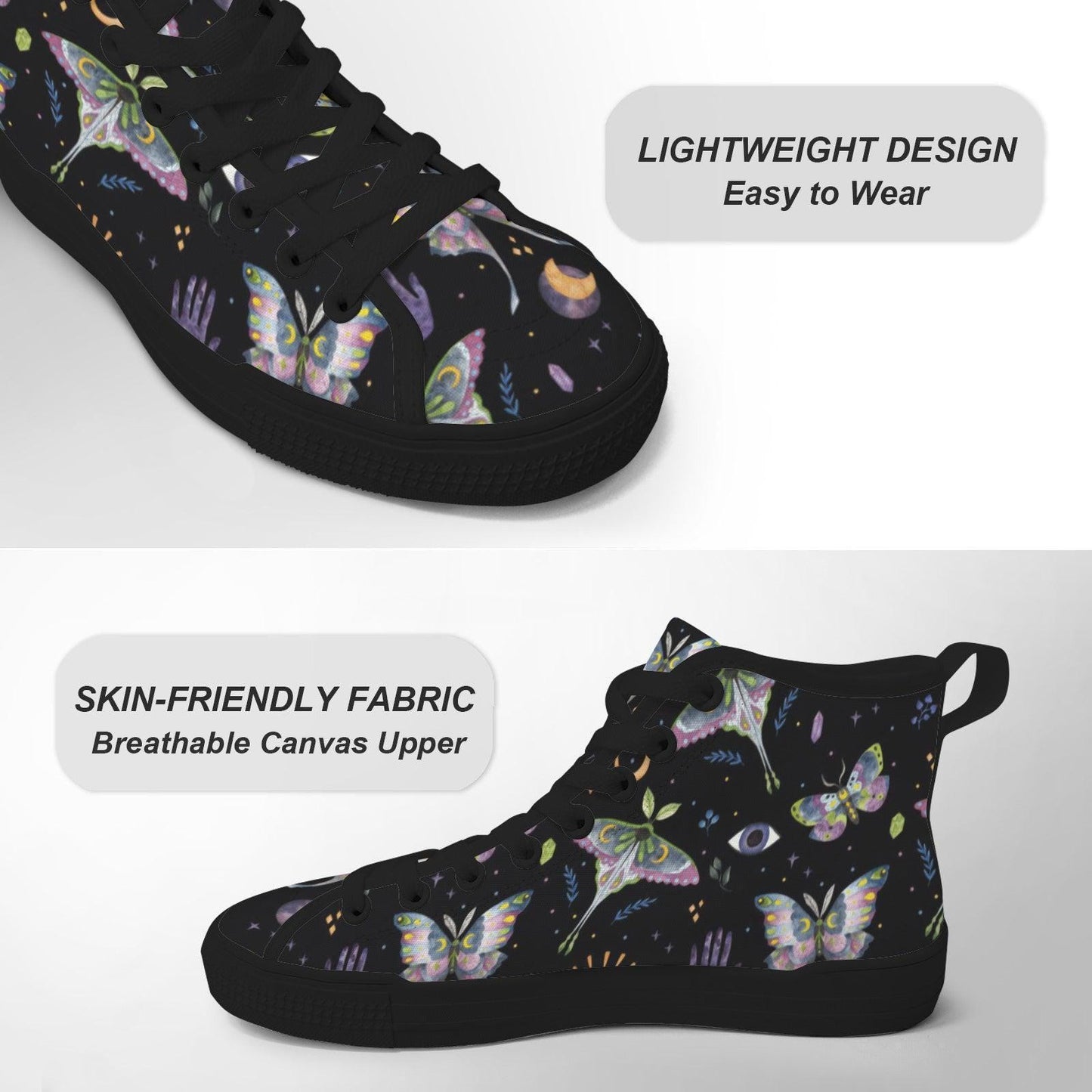 Witchy Moth Moon Sneakers, Pastel Botanical Evil Eye Canvas Shoes