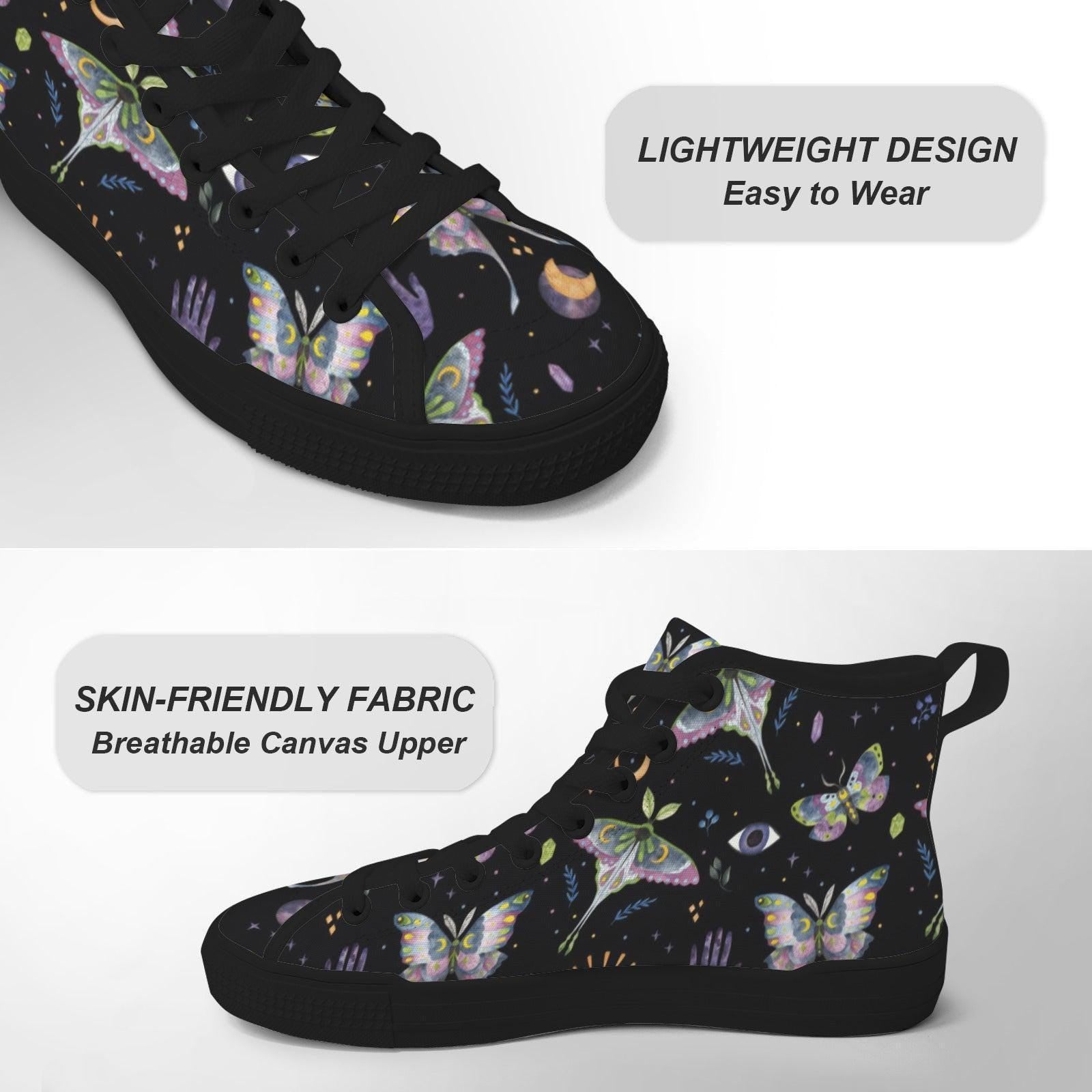 Witchy Moth Moon Sneakers, Pastel Botanical Evil Eye Canvas Shoes