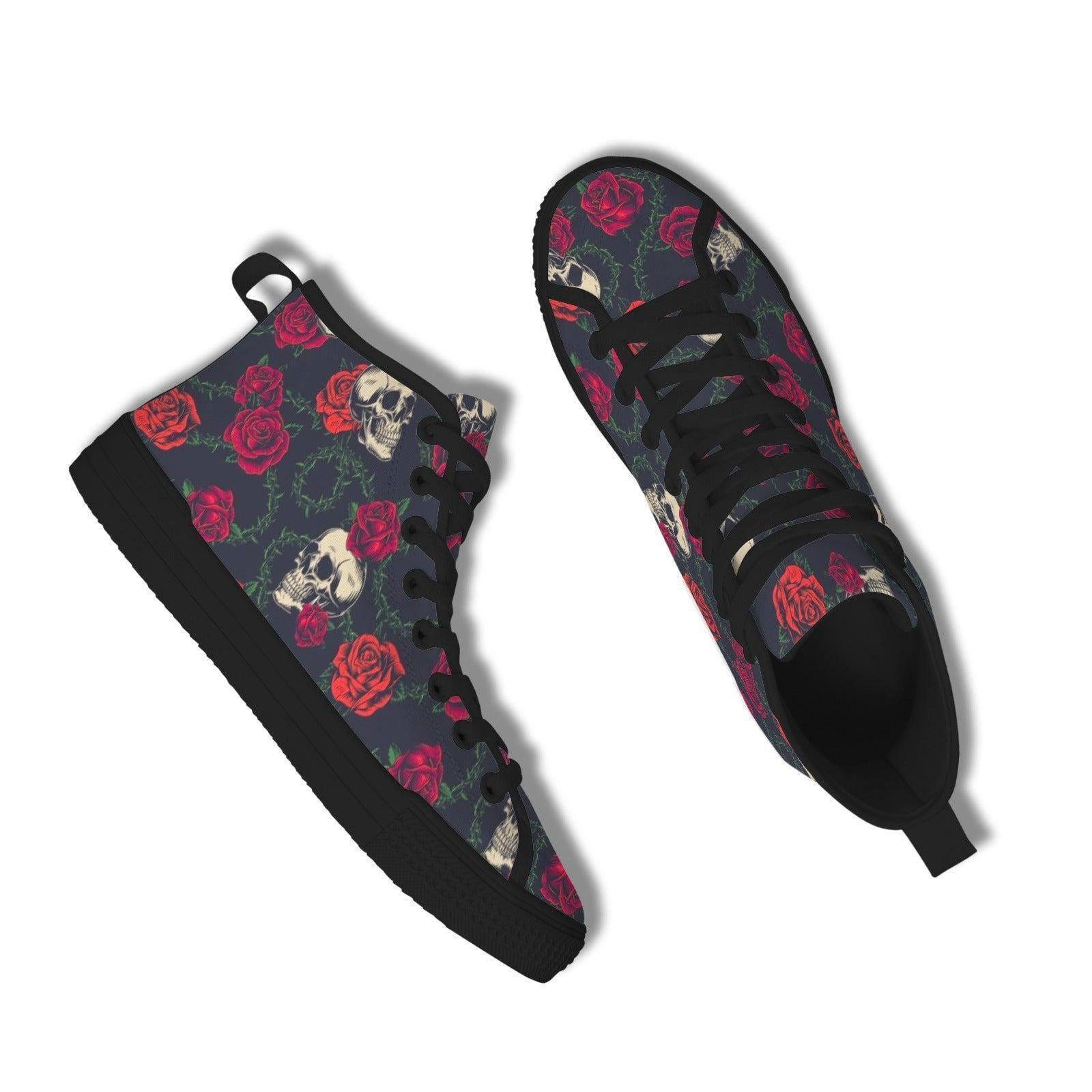 Skull Rose High Top Canvas Sneakers, Gothic Tattoo Art Lace Up Kicks