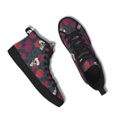 Skull Rose High Top Canvas Sneakers, Gothic Tattoo Art Lace Up Kicks