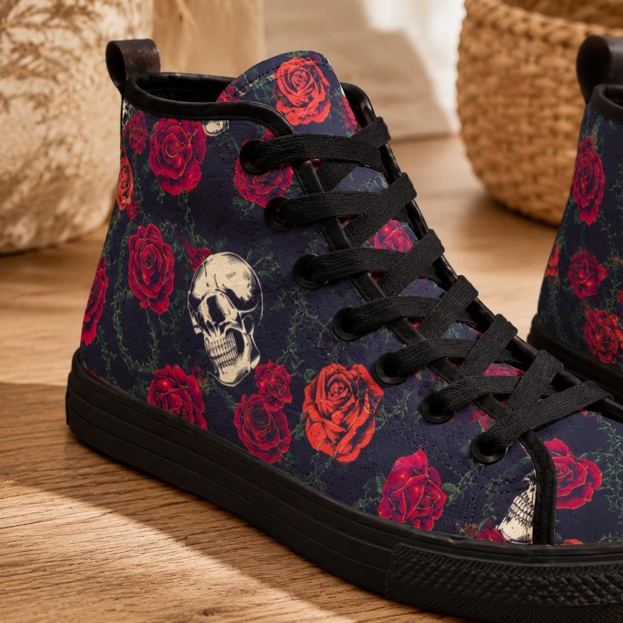 Skull Rose High Top Canvas Sneakers, Gothic Tattoo Art Lace Up Kicks